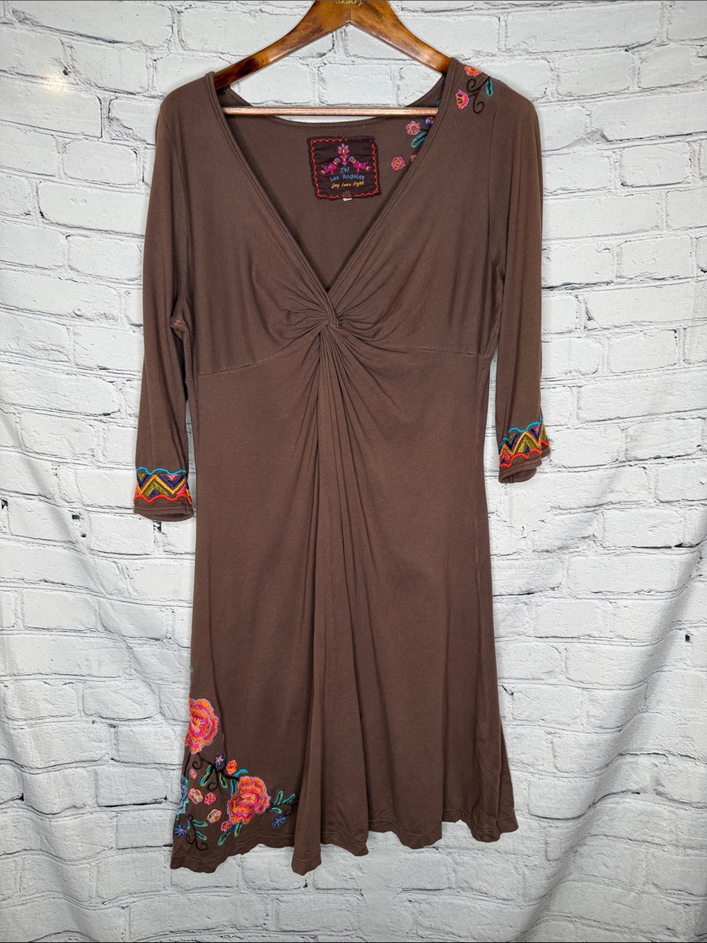 Johnny Was Embroidered Brown Twist-Front Midi Dress Size Large